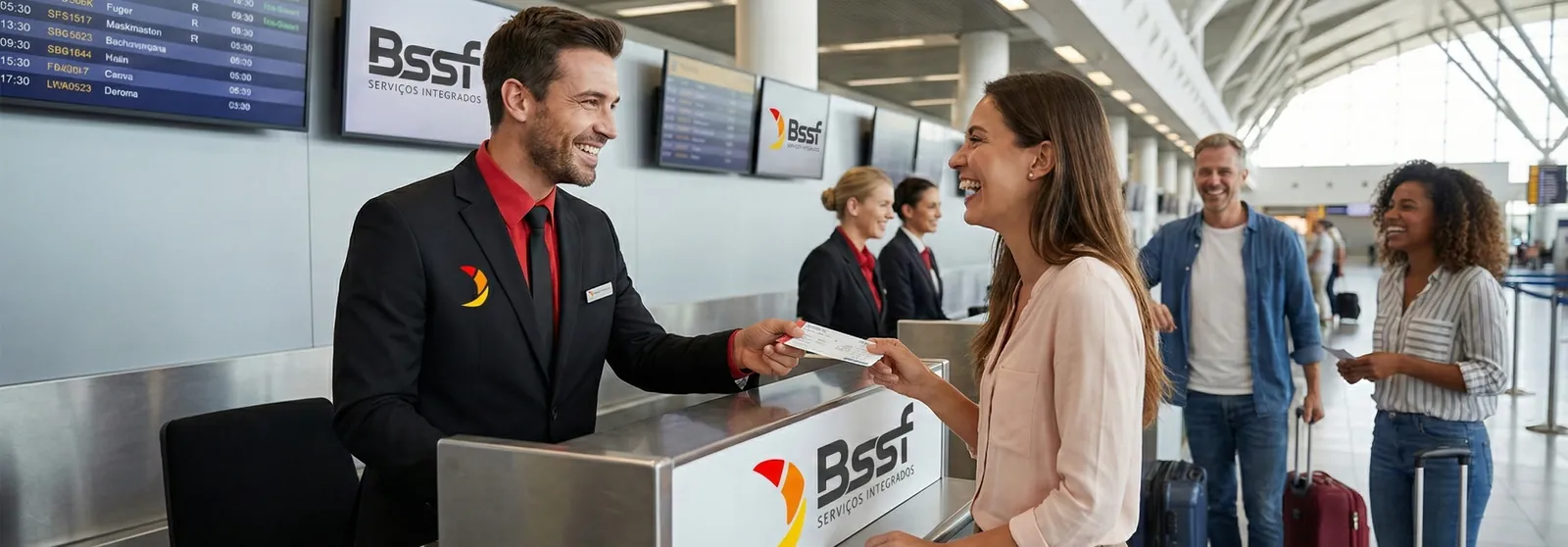 Atendente de terno preto e camisa vermelha entrega o cartão de embarque a uma passageira sorridente no balcão de check-in de um terminal, com o logo BSSF ao fundo