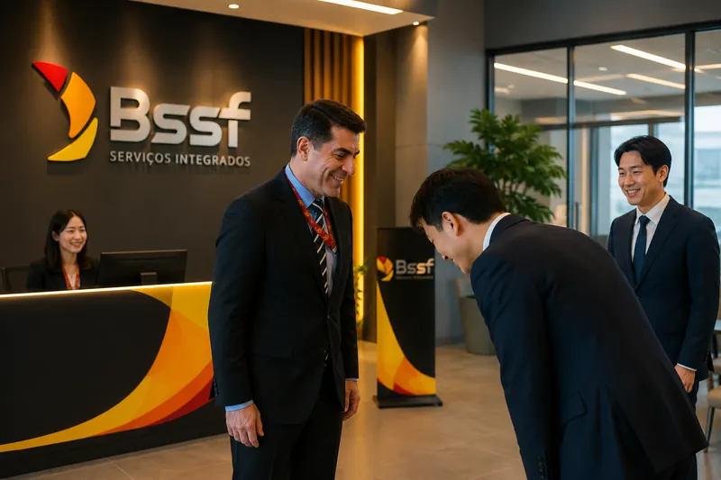 Executivo brasileiro de terno recebe com reverência um executivo asiático na recepção da BSSF