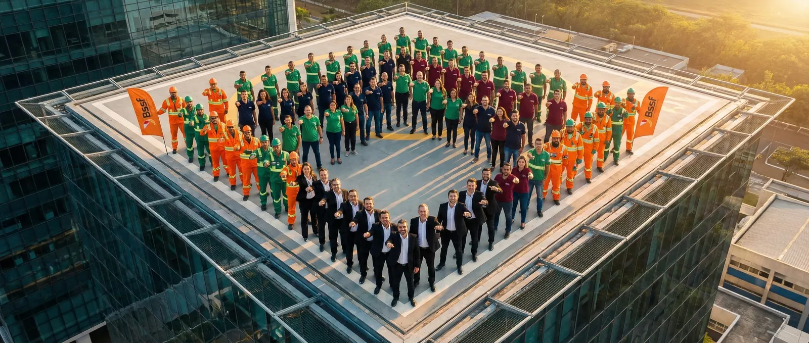 Vista aérea de centenas de colaboradores, de terno e uniformes de várias cores, formando um quadrado no terraço de um edifício com bandeiras BSSF